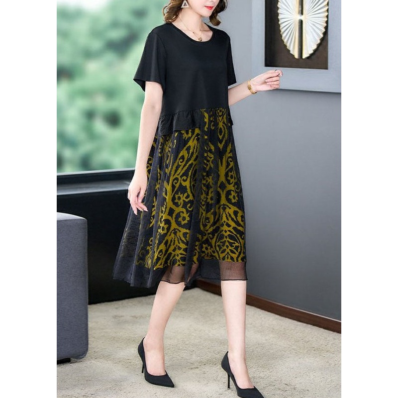 Bohemian Black O Neck Print Wrinkled Patchwork Silk Dresses Summer