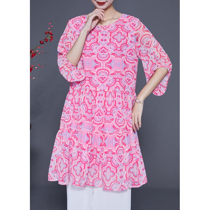 Bohemian Pink Print Patchwork Wrinkled Silk A Line Dress Lantern Sleeve