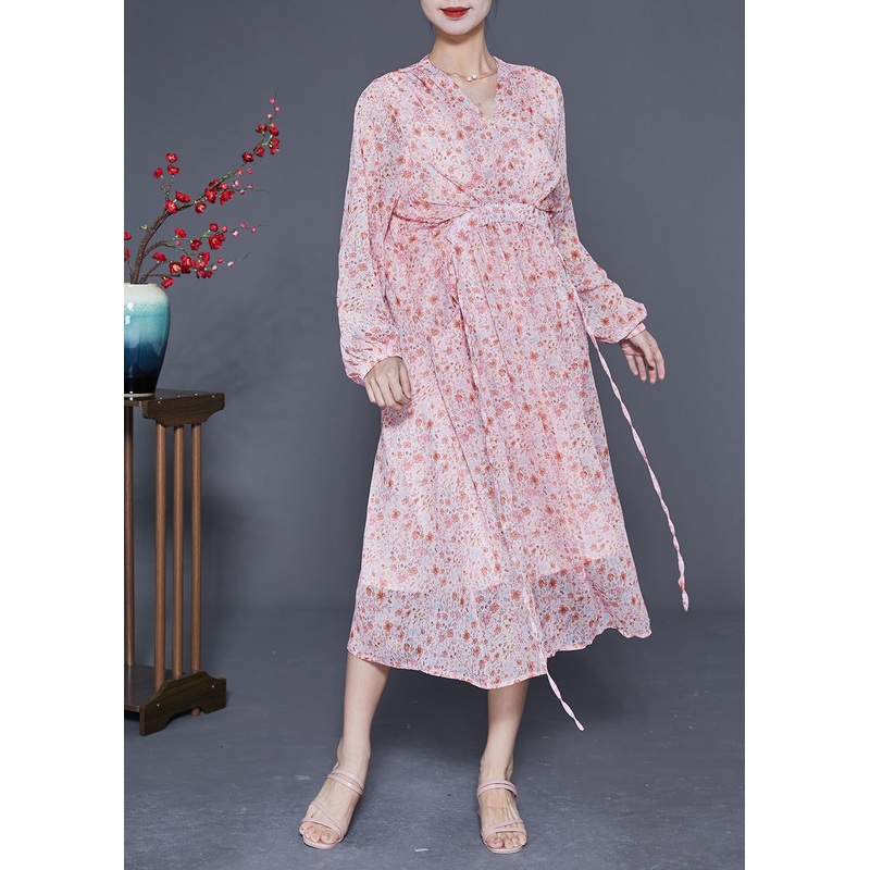 Bohemian Pink V Neck Cinched Print Chiffon Beach Dress Summer