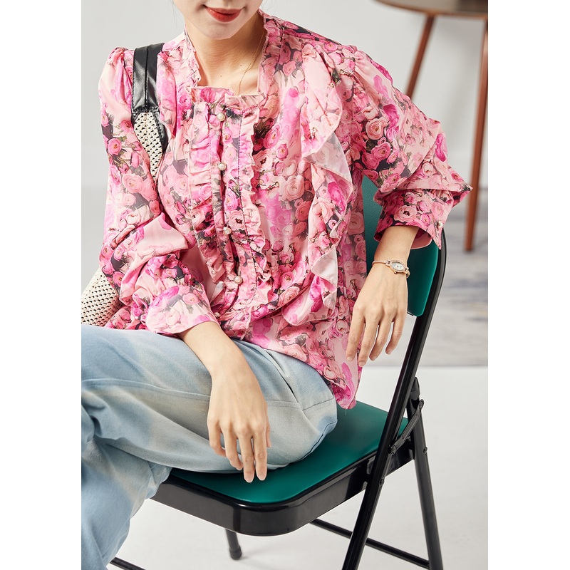 Bohemian Red Print Patchwork Ruffled Silk Shirt Tops Spring