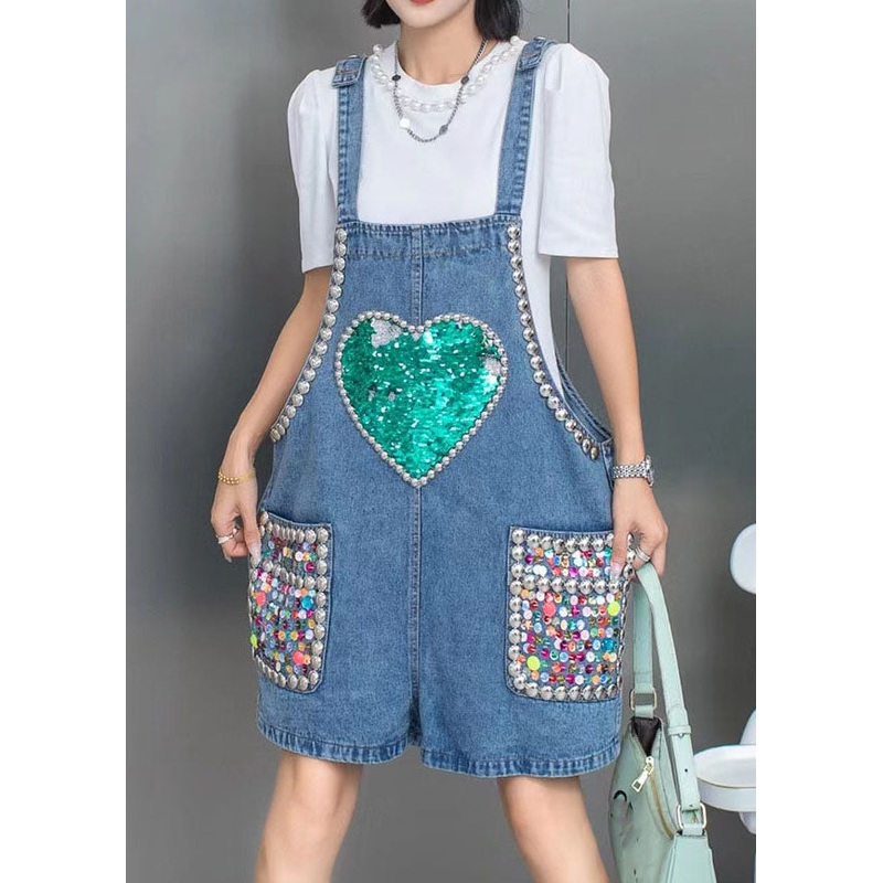 Boho Blue Nail Bead Sequins Patchwork Denim Jumpsuit Shorts Summer