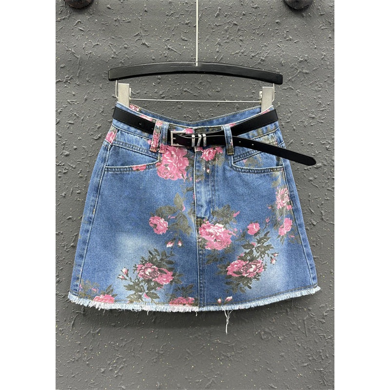 Boho Blue Print High Waist Sashes Skirt Summer