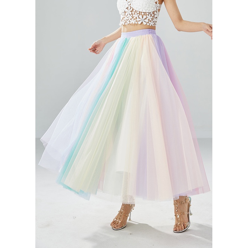 Boho Rainbow Elastic Waist Exra Large Hem Tulle Pleated Skirts Summer