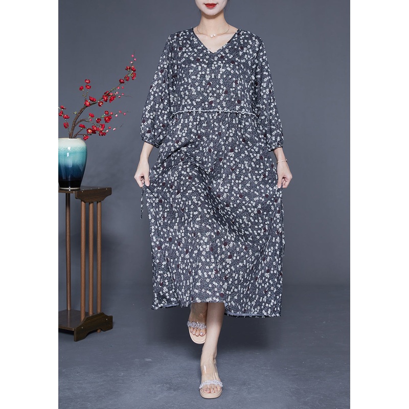 Boutique Black Ruffled Print Chiffon Long Dresses Bracelet Sleeve