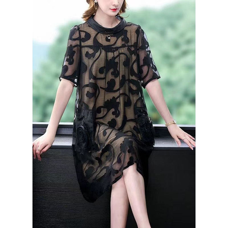 Boutique Black Stand Collar Pockets Floral Patchwork Silk Mid Dresses Summer