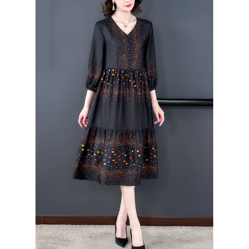 Boutique Black V Neck Print Wrinkled Patchwork Silk Dresses Summer