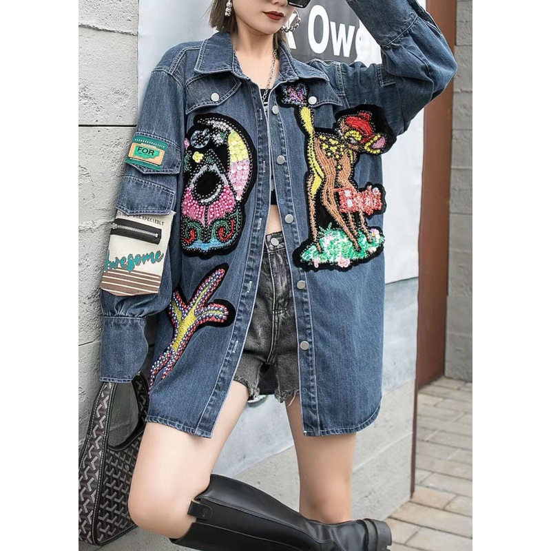 Boutique Blue Embroideried Zircon Nail Bead Patchwork Denim Coat Spring