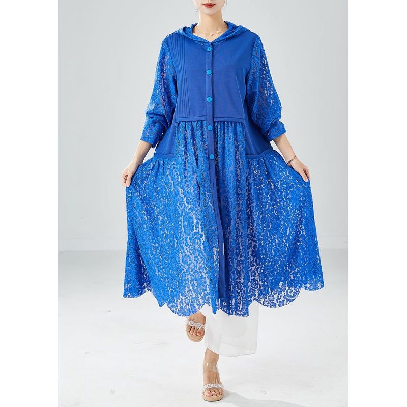Boutique Blue Hooded Patchwork Lace Trenchs Summer