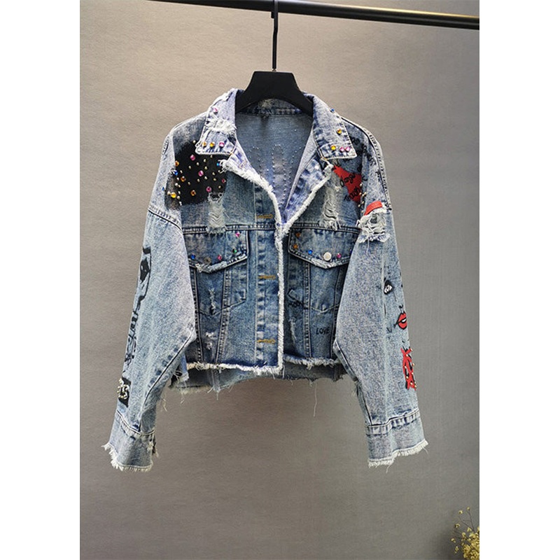 Boutique Blue Peter Pan Collar Graphic Print Patchwork Nail Bead Button Denim Coat Spring