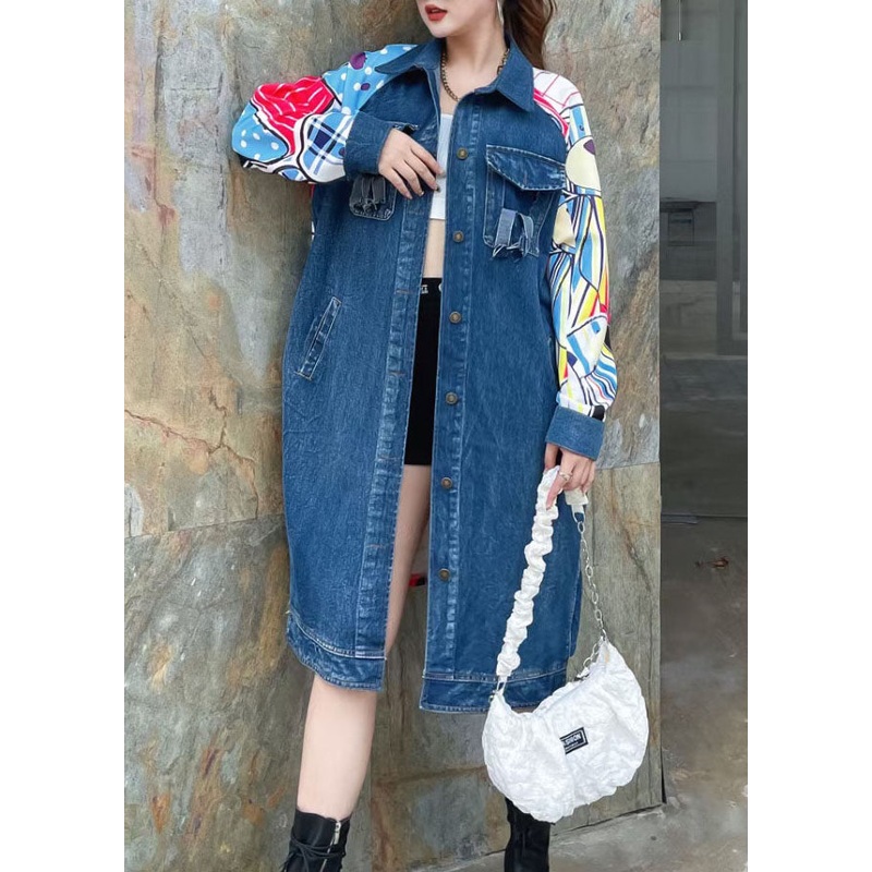 Boutique Blue Peter Pan Collar Pockets Print Patchwork Long Denim Coat Spring