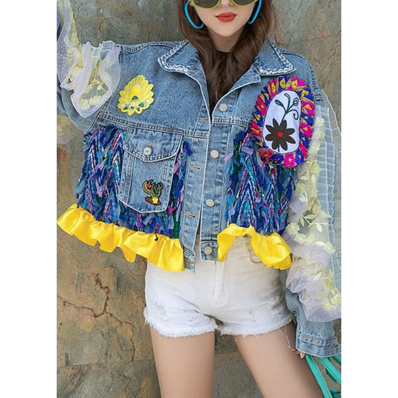 Boutique Blue Ruffled Pockets Floral Decorated Patchwork Denim Short Coat Spring