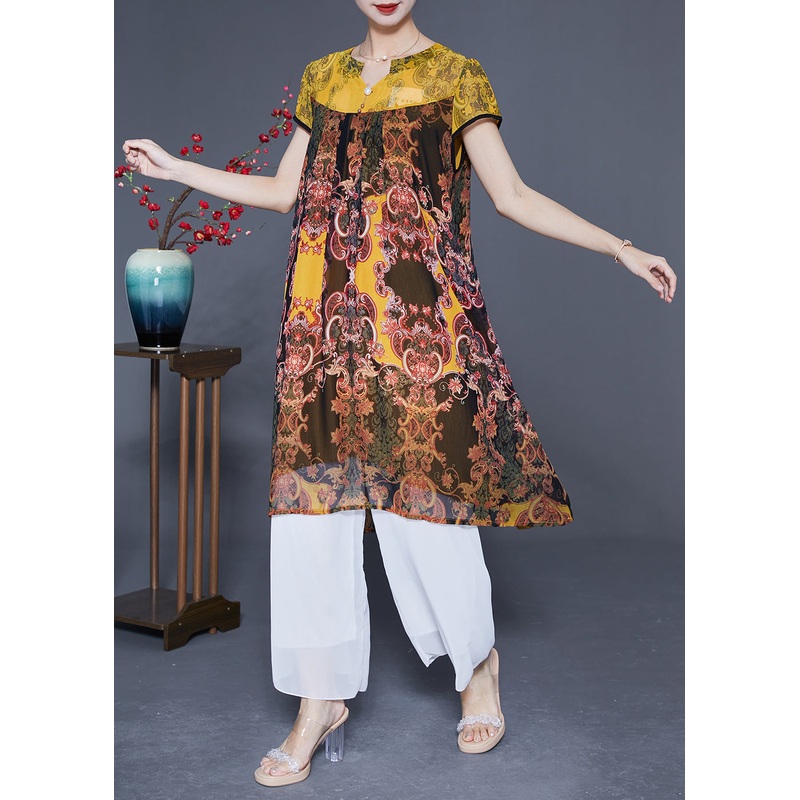 Boutique Yellow Oversized Patchwork Print Chiffon Dress Summer