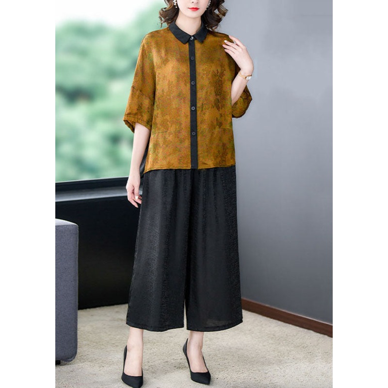 Boutique Yellow Peter Pan Collar Patchwork Silk Two Pieces Set Summer