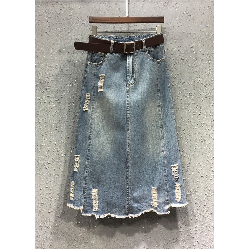 Casual Blue Patchwork Elastic Waist Sashes Denim A Line Skirts