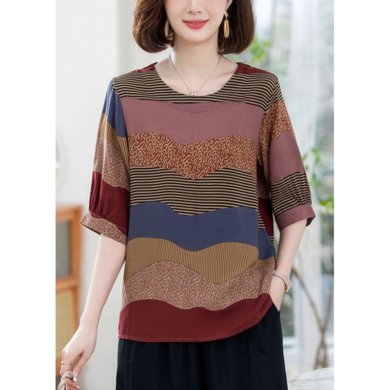Casual Colorblock O Neck Print Patchwork Cotton T Shirt Summer