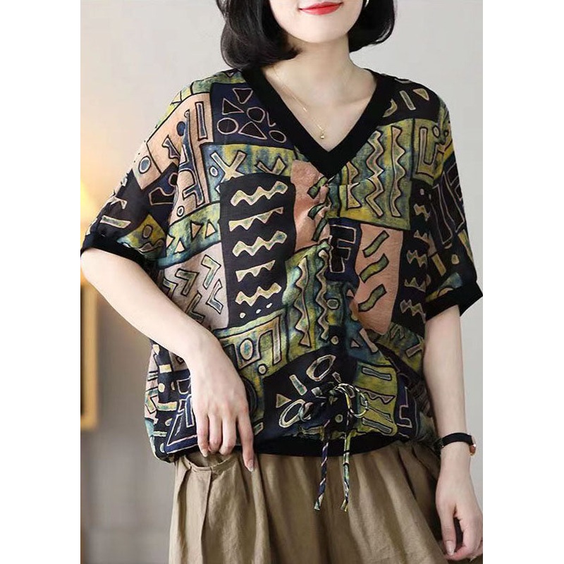 Casual Colorblock V Neck Print Drawstring Cotton Shirt Tops Summer