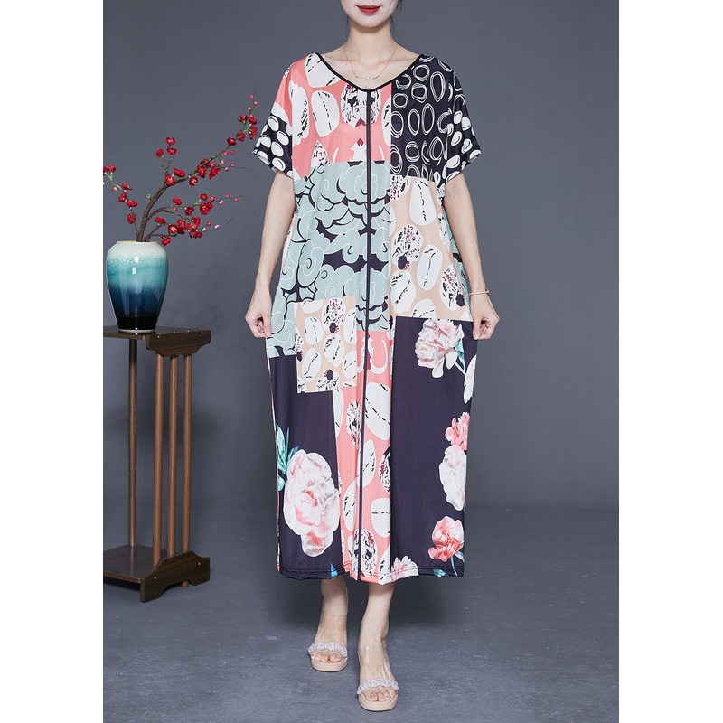 Casual Colorblock V Neck Print Silk Vacation Dresses Summer