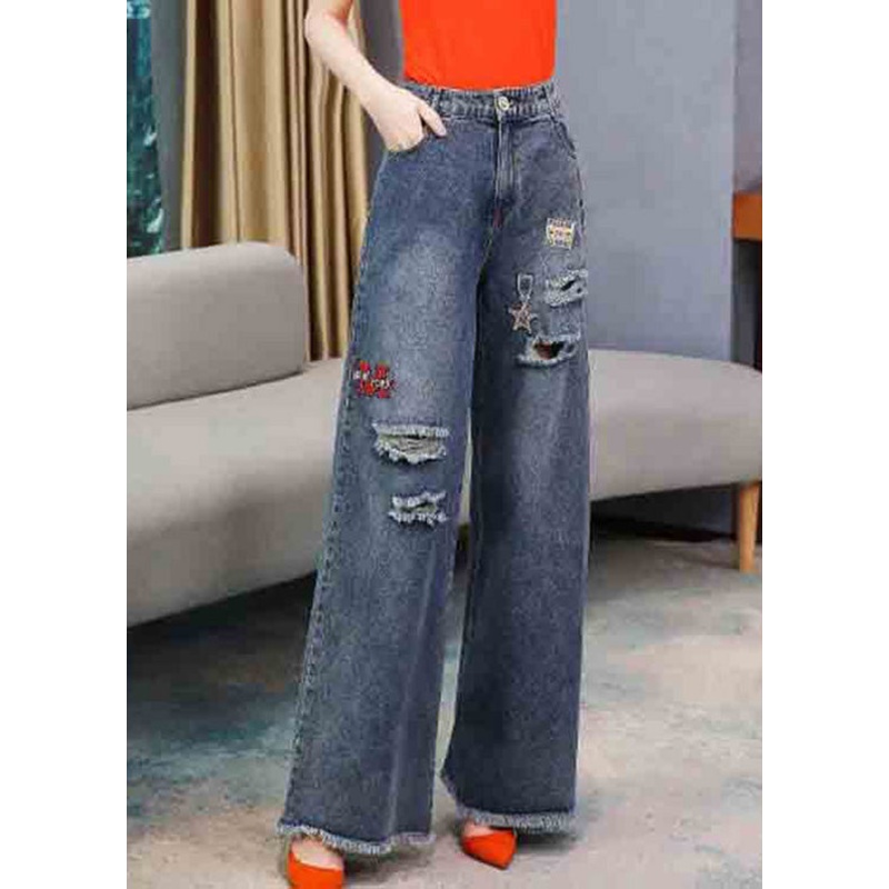 Casual Denim Navy Embroideried Elastic Waist Long Wide Leg Pants