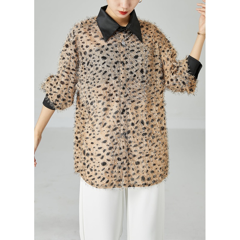 Casual Khaki Oversized Fluffy Leopard Print Top Long Sleeve