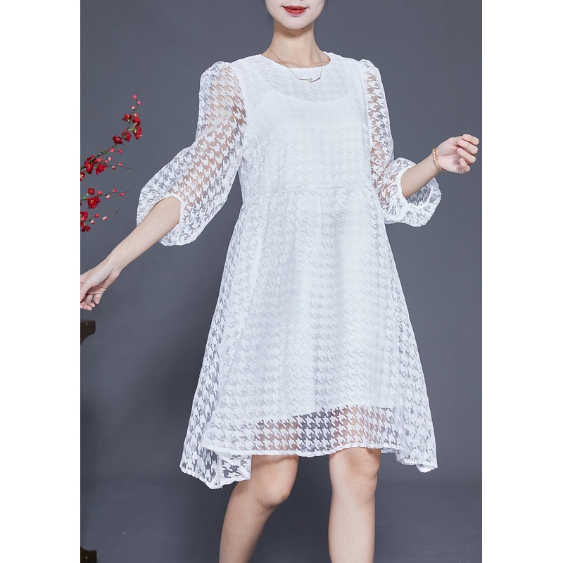 Casual White Hollow Out Exra Large Hem Tulle Maxi Dress Puff Sleeve