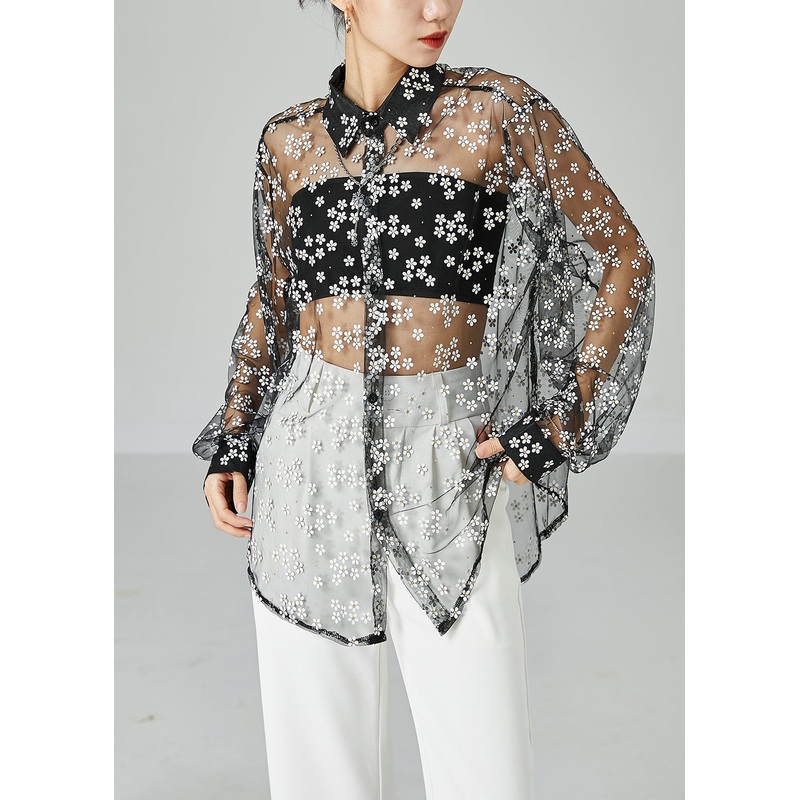 Chic Black Oversized Daisy Tulle Shirts Summer