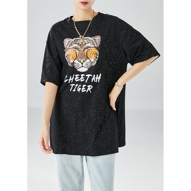 Chic Black Oversized Tiger Print Side Open Cotton Tank Tops Summer