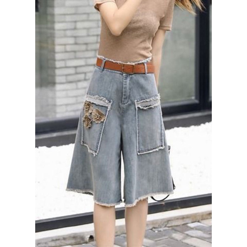 Chic Blue Floral High Waist Sashes Denim Crop Pants Summer