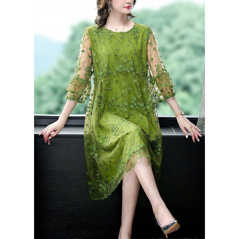 Chic Green O Neck Embroidered Patchwork Tulle Mid Dress Summer