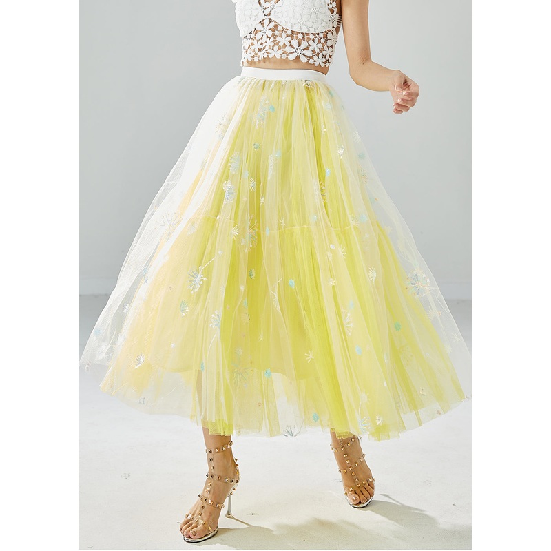 Chic Yellow Dandelion Embroideried Wear On Both Sides Tulle Skirts Summer