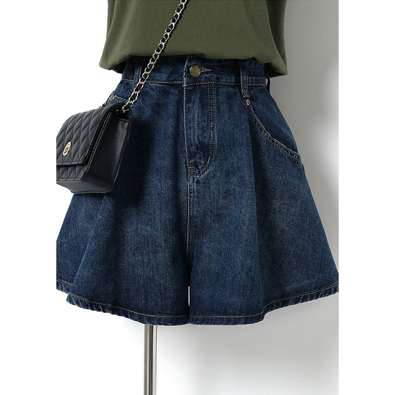 Classy Navy Pockets Patchwork High Waist Button Denim Shorts