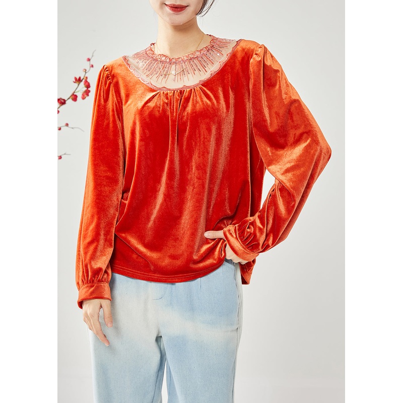 Classy Orange Hollow Out Patchwork Sequins Silk Velour Shirt Tops Spring