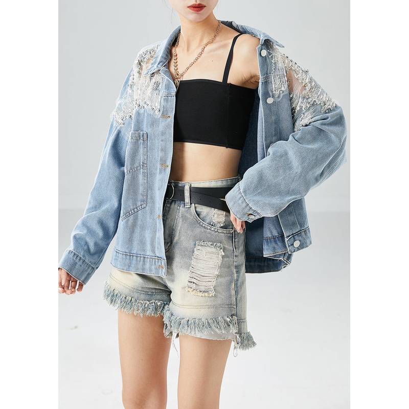 Diy Light Blue Hollow Out Patchwork Zircon Denim Coat Outwear Fall