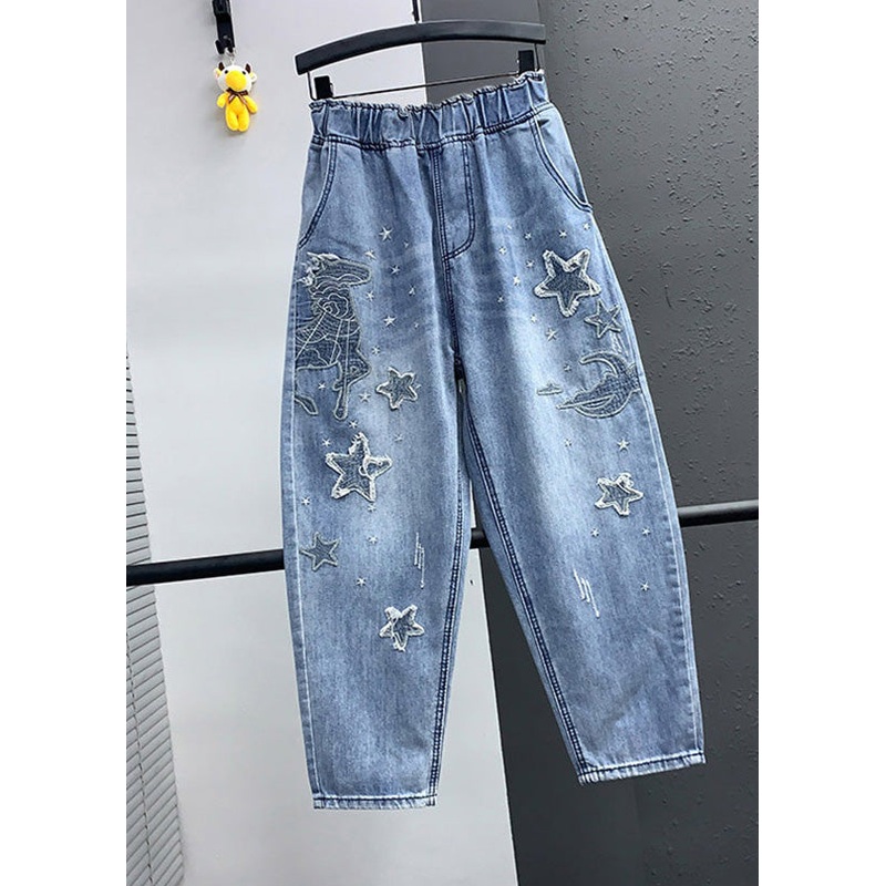 Elegant Blue Embroideried Pockets Elastic Waist Denim Crop Pants Summer
