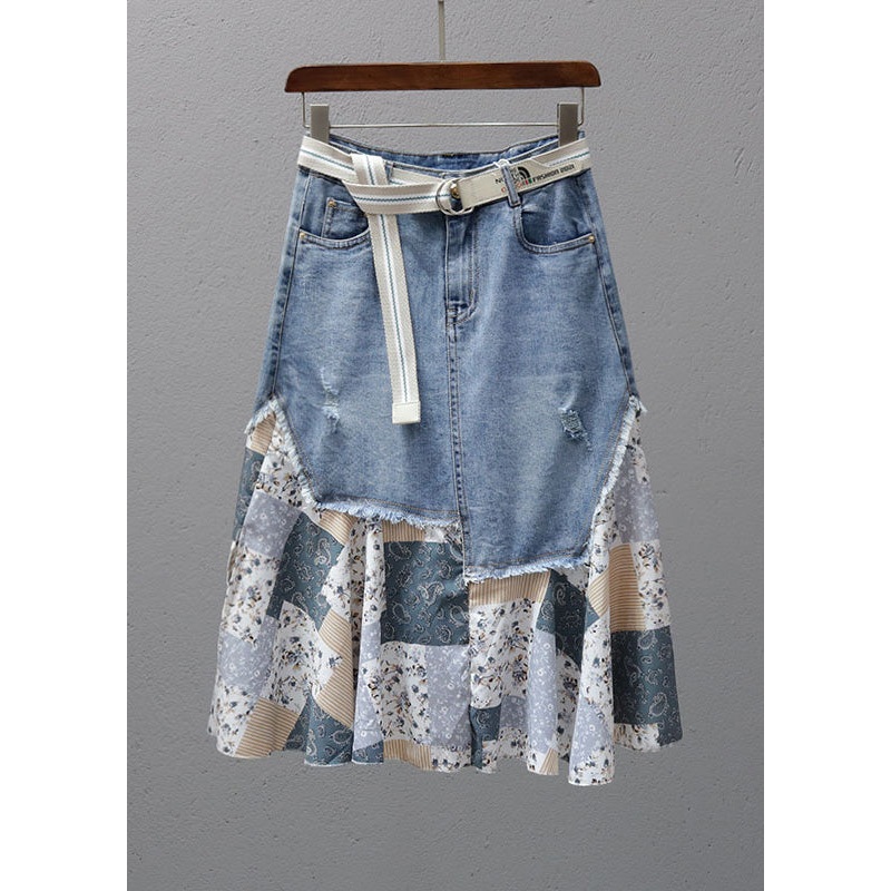 Fashion Denim Blue Print Patchwork High Waist Maxi Skirt Summer