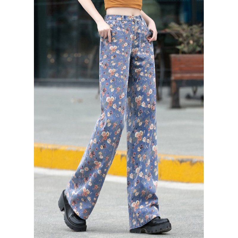 Fine Blue Print Button Straight Pants Spring