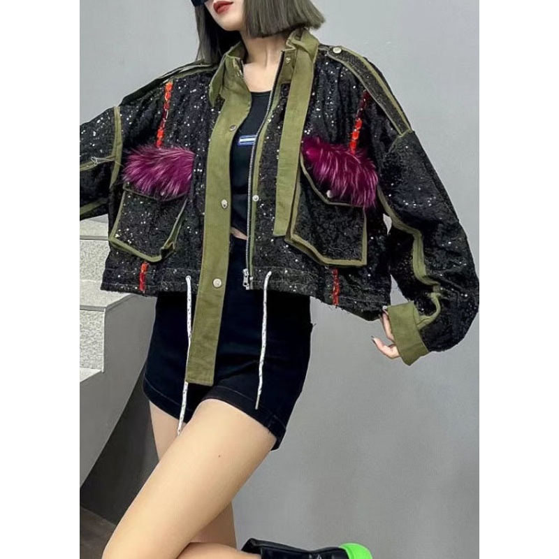Fine Green Pockets Zip Up Sequins Patchwork Denim Short Coat Spring