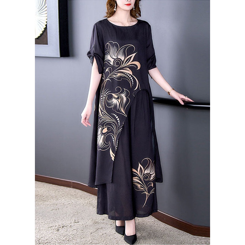 Fitted Black O-Neck Asymmetrical Print Patchwork Silk Two Pieces Set Summer