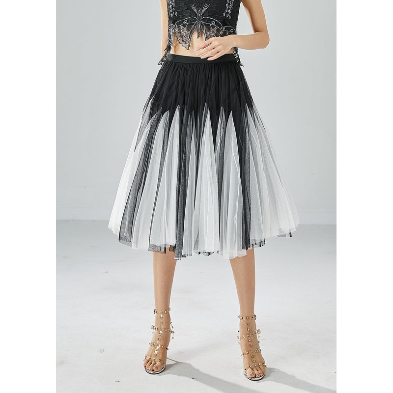 French Black White Patchwork Exra Large Hem Tulle Pleated Skirts Summer