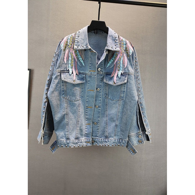 French Blue Peter Pan Collar Embroideried Patchwork Tassel Cotton Denim Coat Long Sleeve