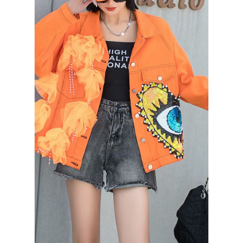 French Orange Tulle Pockets Sequins Nail Bead Patchwork Denim Coat Spring