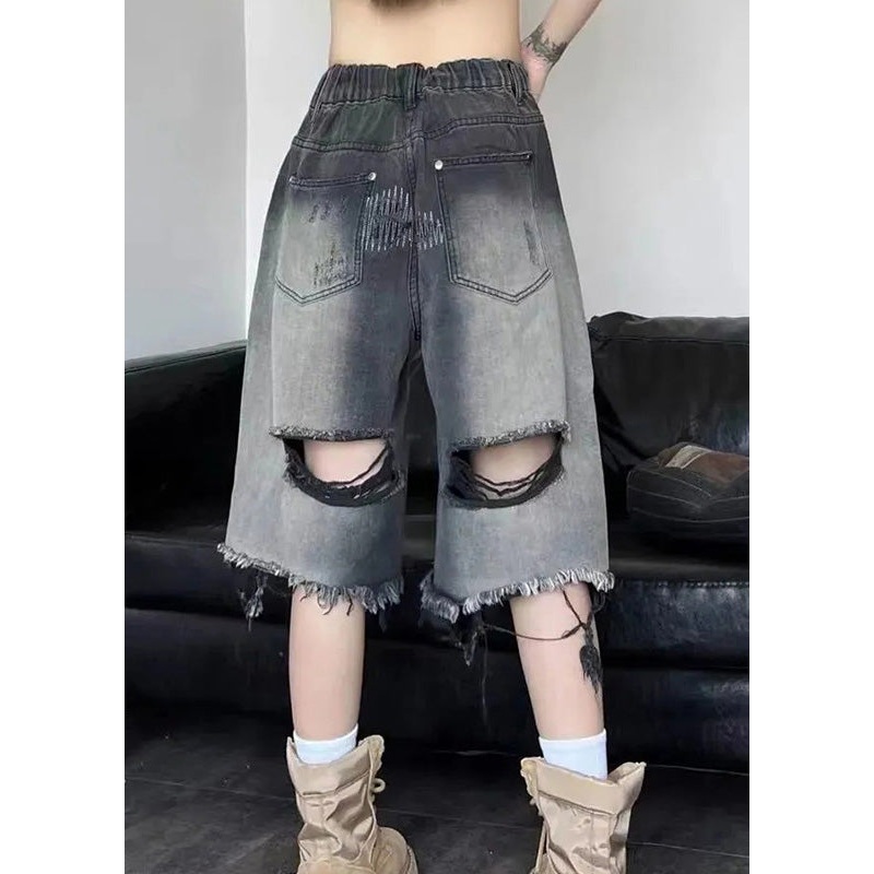 Gradient Color Black Patchwork High Waist Denim Shorts Summer