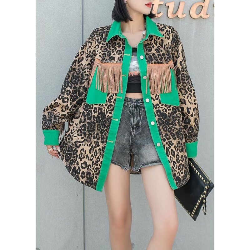 Green Leopard Patchwork Denim Coat Tasseled Button Spring