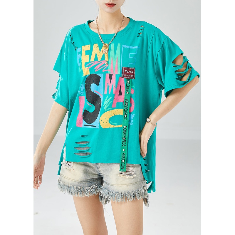 Green Original Design Cotton Ripped Tank Tops Oversized Summer
