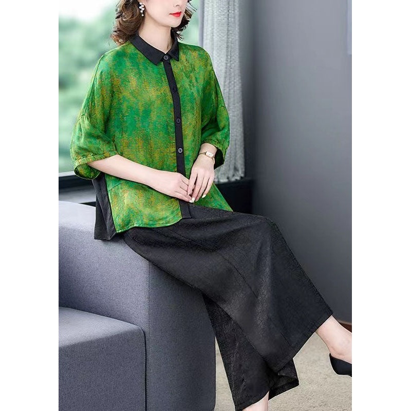 Green Print Patchwork Silk 2 Piece Outfit Shirts Tops And Pants Summer