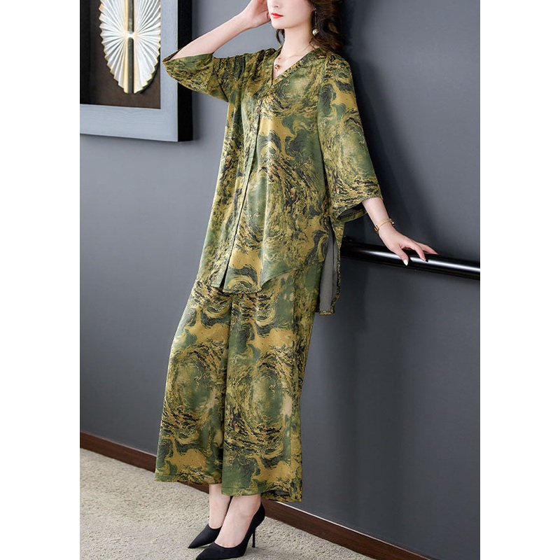 Green Print Pockets Silk Women Sets 2 Pieces Tops And Pants V Neck Summer