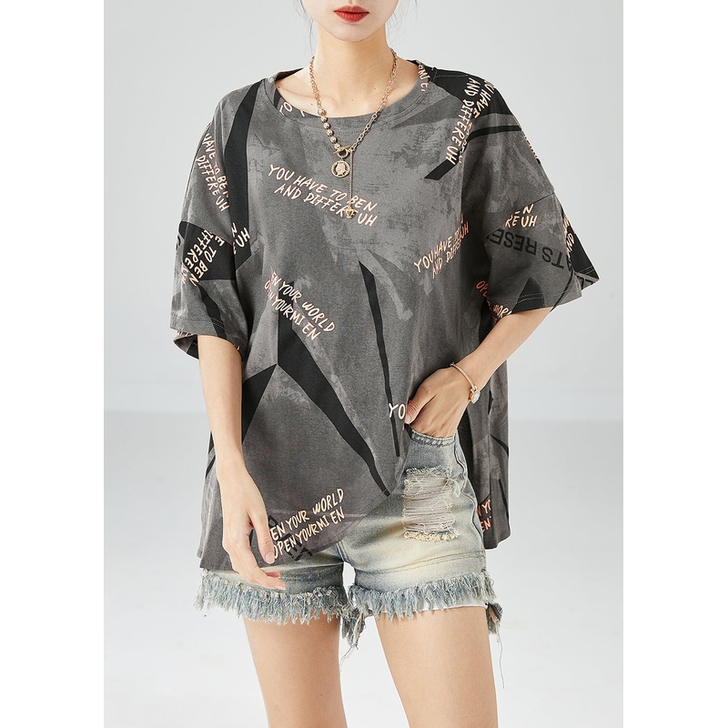 Grey Print Cotton Tanks Oversized Side Open Summer