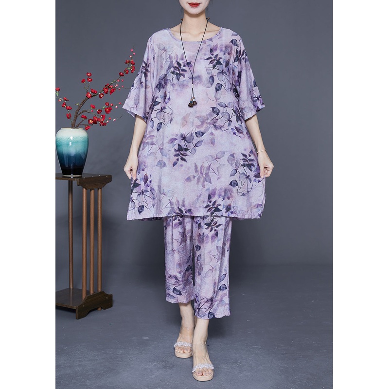 Handmade Purple O-Neck Oversized Print Linen Silk Two-Piece Set Summer