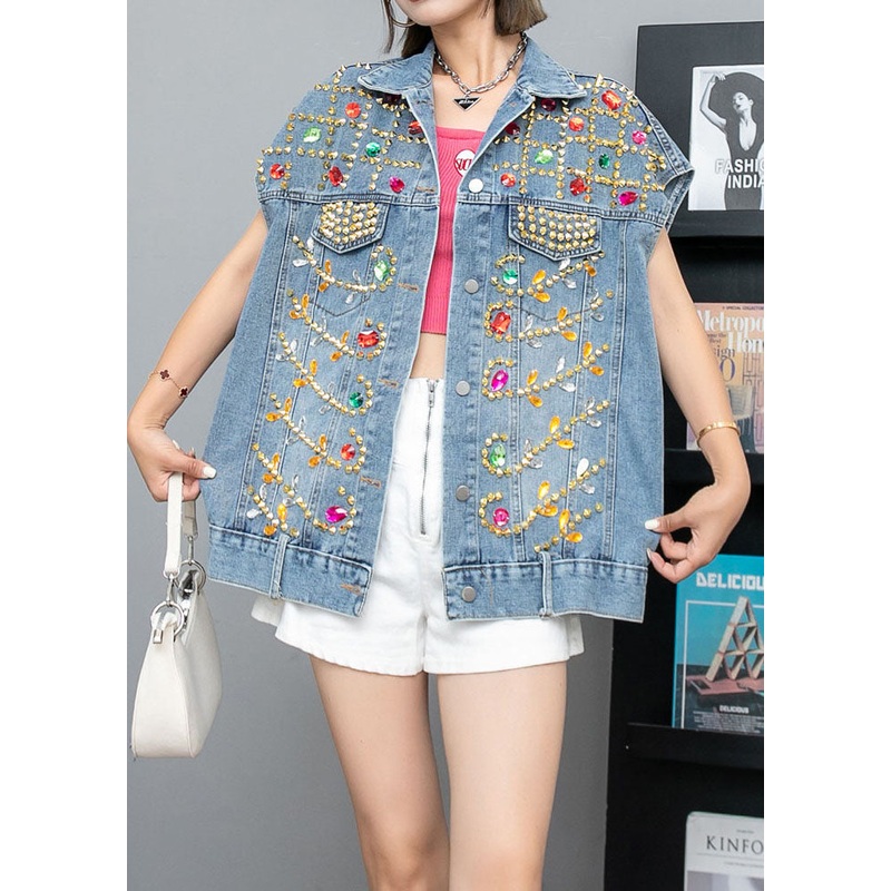 Italian Blue Zircon Rivet Patchwork Denim Vest Sleeveless