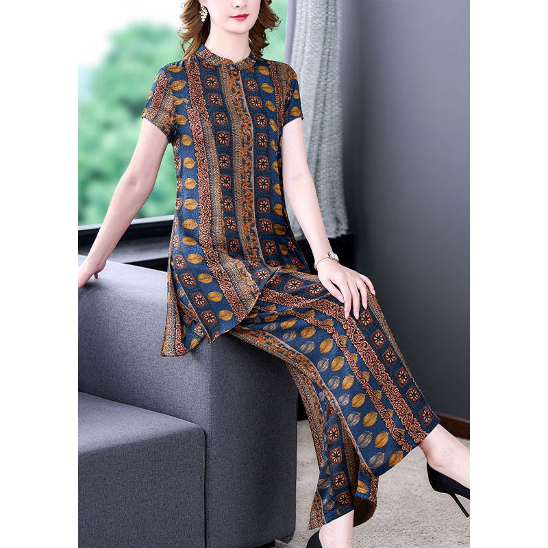 Italian Floral Stand Collar Tops And Pants Patchwork Silk Two Pieces Set Summer