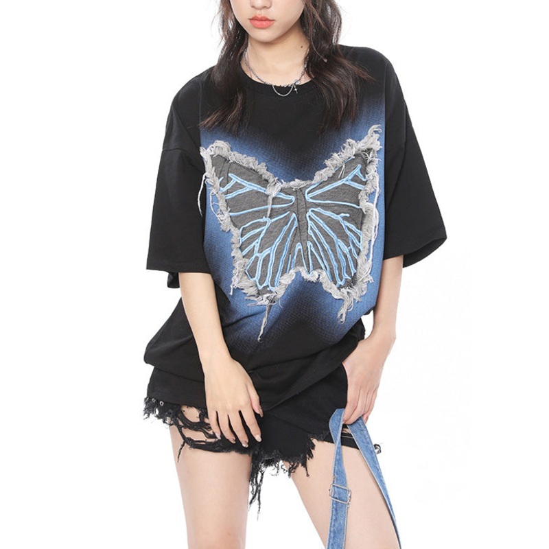 Loose Black Bow Patchwork Cotton Top Half Sleeve